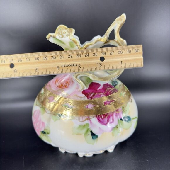 Antique Nippon Hand Painted Green Vase Pitcher Ewer Floral Gold Trim Porcelain - Picture 6 of 16